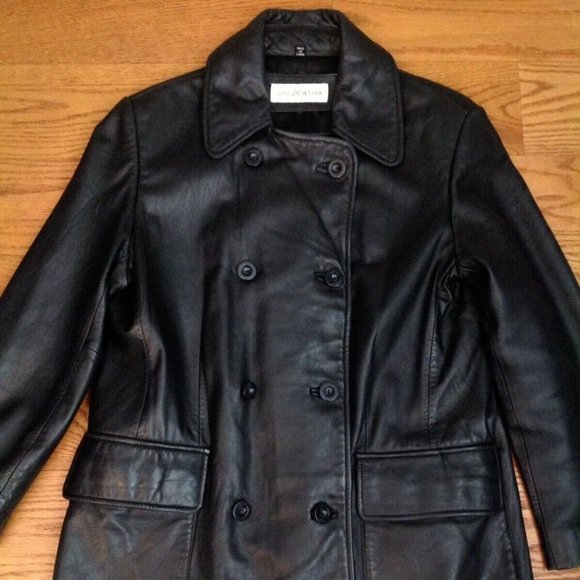 JONES NEW YORK BLACK LEATHER PEACOAT JACKET WOMENS M BUTTON UP DOUBLE BREASTED - Picture 3 of 15